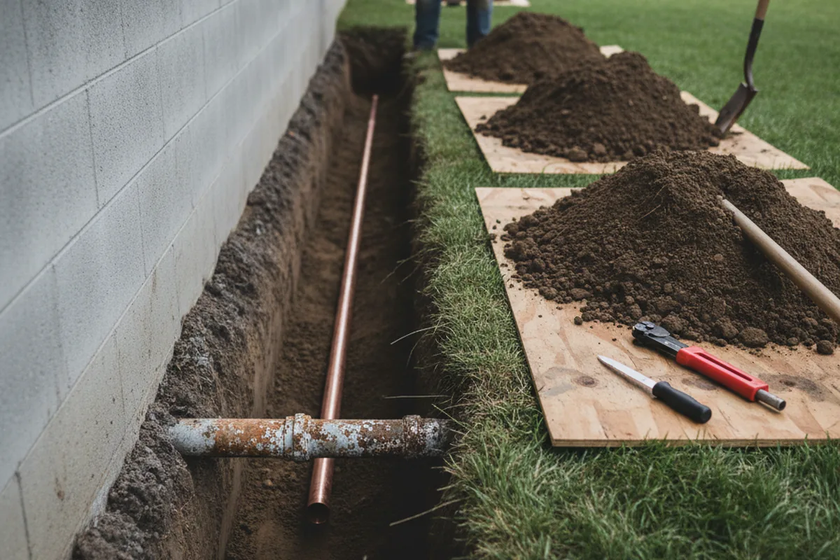 Excavated water line trench during Water Softener Installation in Boonville